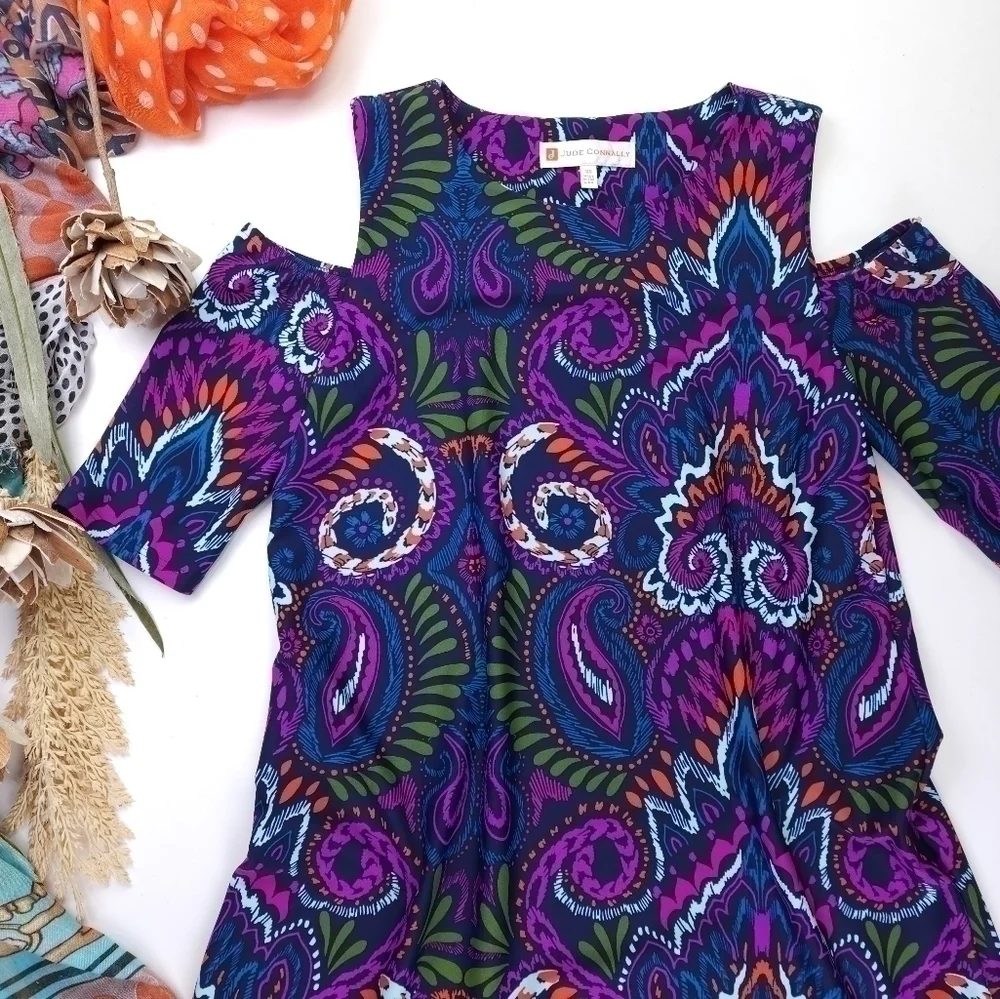 New Jude Connally Anthropologie Purple Blue Cold Shoulder Dress Sz Xs - Picture 2 of 13